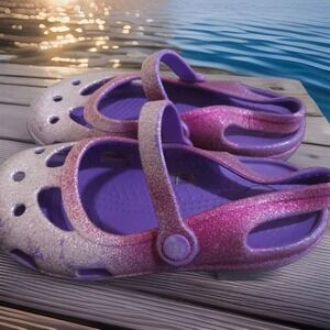 CROCS Girls Purple Glitter Ballet Shoes Flats Slingback C11 Sandals SZ‎ 11